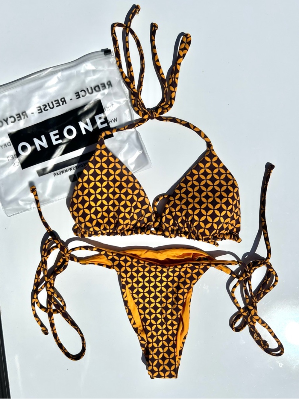 NWOT OneOne Swimwear Geometric Print Triangle Bikini Top & Tie-Side Bottoms L/M